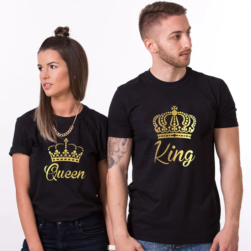 

Повседневные летние футболки унисекс с принтом король и королева золотые короны Мягкий Топ Футболка парная подходящая футболка