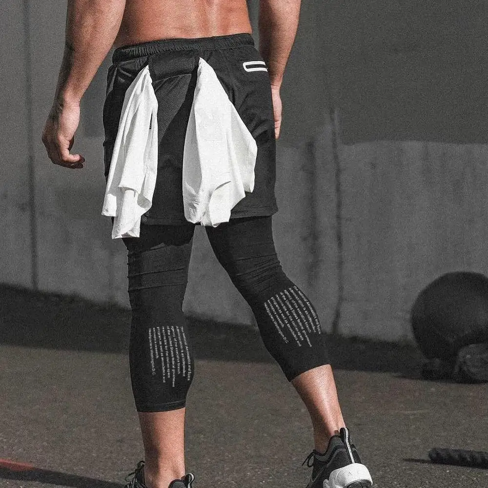 NEW Men's Running Shorts 2 in 1 Sport leggings Male double-layer Quick Dry Sports men Jogging Gym with Back Hanging | Спорт и