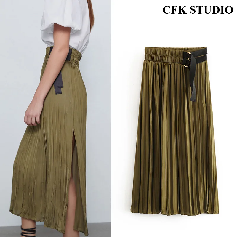 Za Women Midiskirt with Belt Elastic Waist Solid Pleated Skirt Femme 2020 Summer Elegant Casual Loose Green Silk | Женская одежда