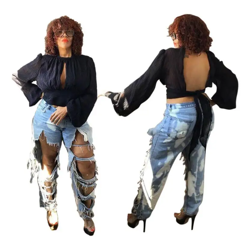 

Africa Pants Light Loose Ripped Denim Pants Women Hollow Out Hole Jeans Female Whitening Straight Jean Women Pants Club Outfits