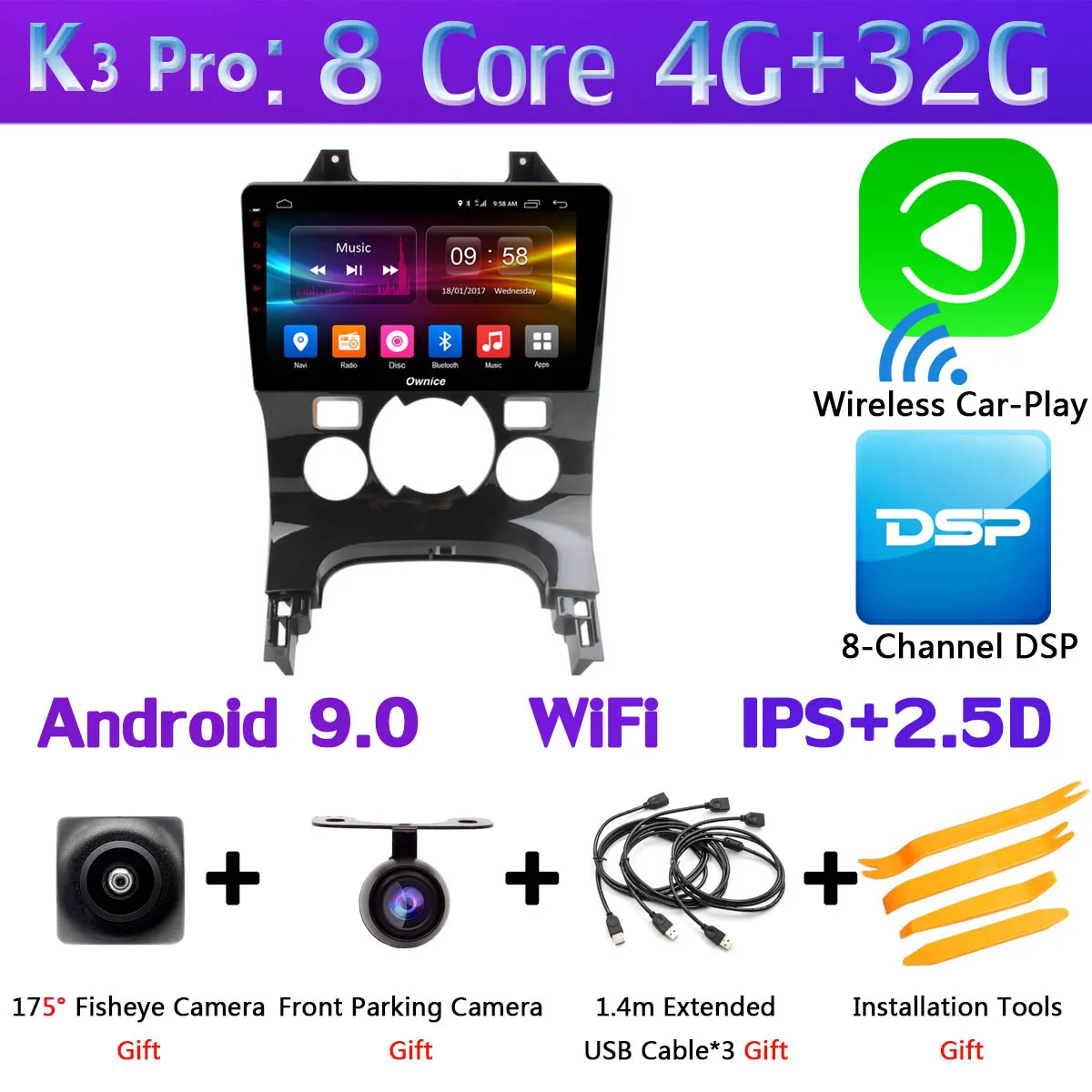 360°панорамная камера 4G LTE Android 9,0 8Core 4+ 64G SPDIF DSP CarPlay Автомобильный мультимедийный плеер для peugeot 3008 2013- gps радио - Цвет: K3 Pro CarPlay