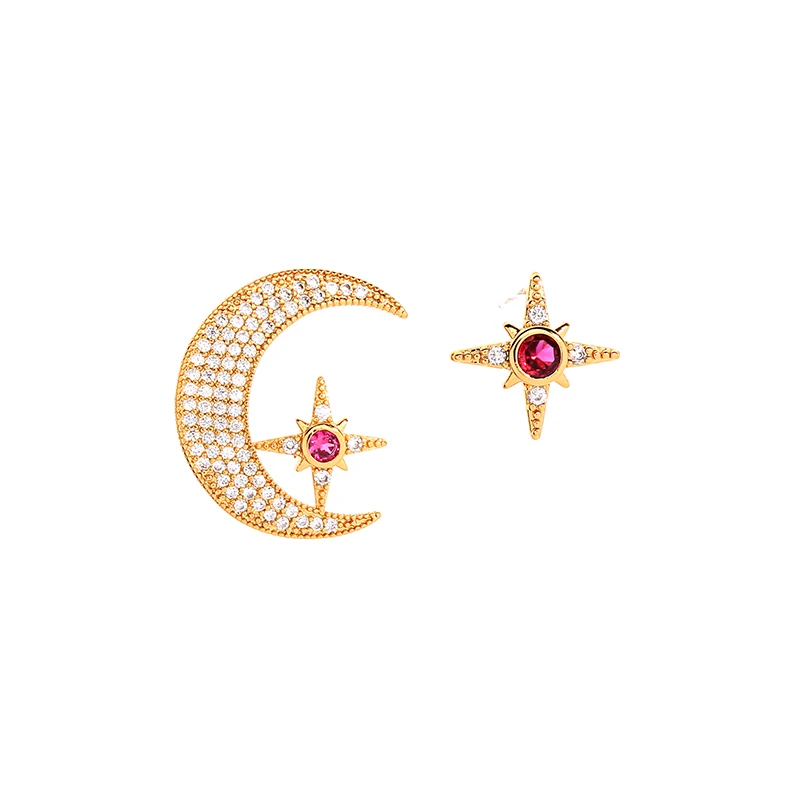 red Gold Color Moon& Star Stud Earrings Luxury Red Zircon Allergy Free Dedicate Earrings For Women Fashion Jewelry New Arrival - Окраска металла: red