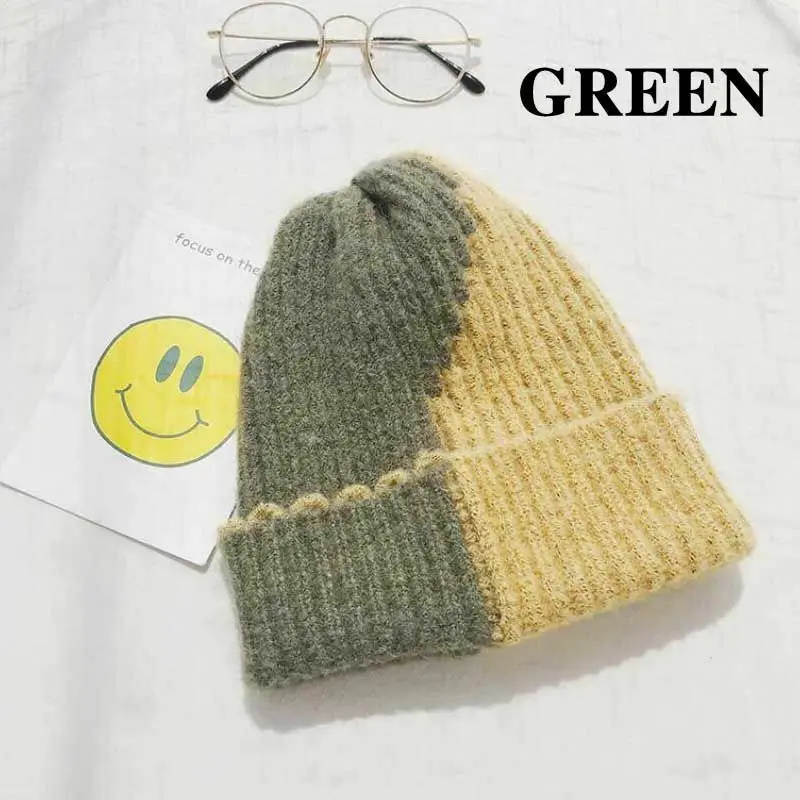 green Женские вязаные зимние шапки, шерстяные повседневные однотонные кепки, хип-хоп шапки с черепом - Цвет: green