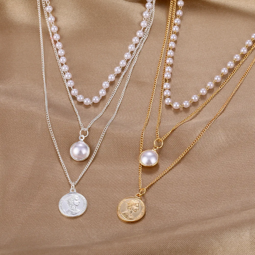 Imitation Pearls Clavicle Chain Coin Pendant Necklace for Women Gold Silver Color Layered Necklaces Female 2021 Fashion Jewelry | Украшения