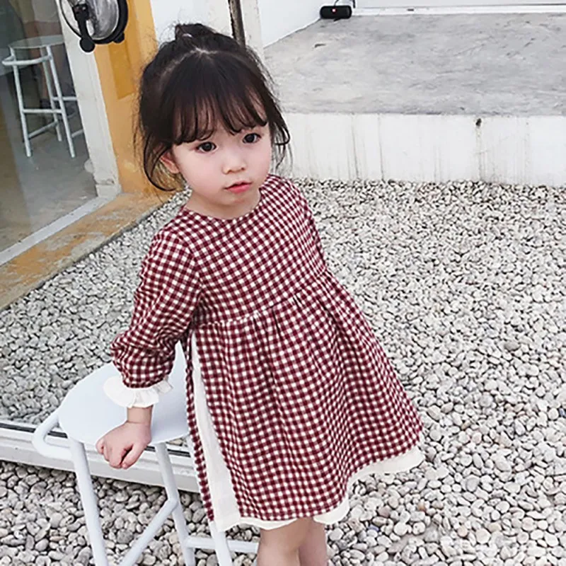 Новое осеннее платье для маленьких девочек, От 1 до 7 лет, милая одежда для маленьких девочек, милое платье принцессы в клетку с рисунком, 2 цвета