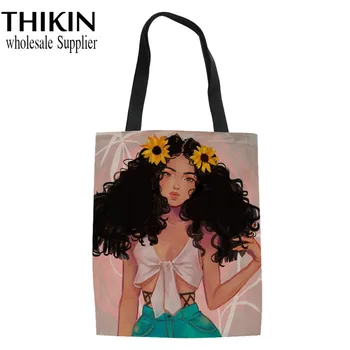 

THIKIN Tote Ladies Casual Sunflower Black Art African Girls Print Canvas Shoulder Bag Folding Women Handbag Eco-friendly Bags