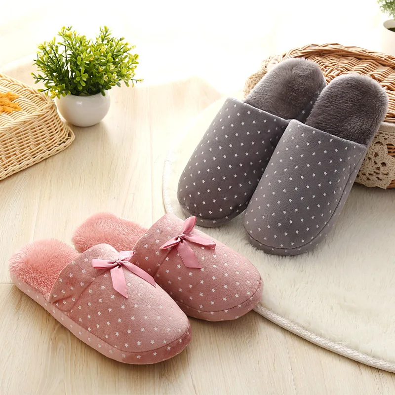 

2019 New Warm Home Fur Slippers Women Bedroom Winter Slippers Plush Bowtie Indoor Slippers Cotton Floor Home Flat Shoes Mules