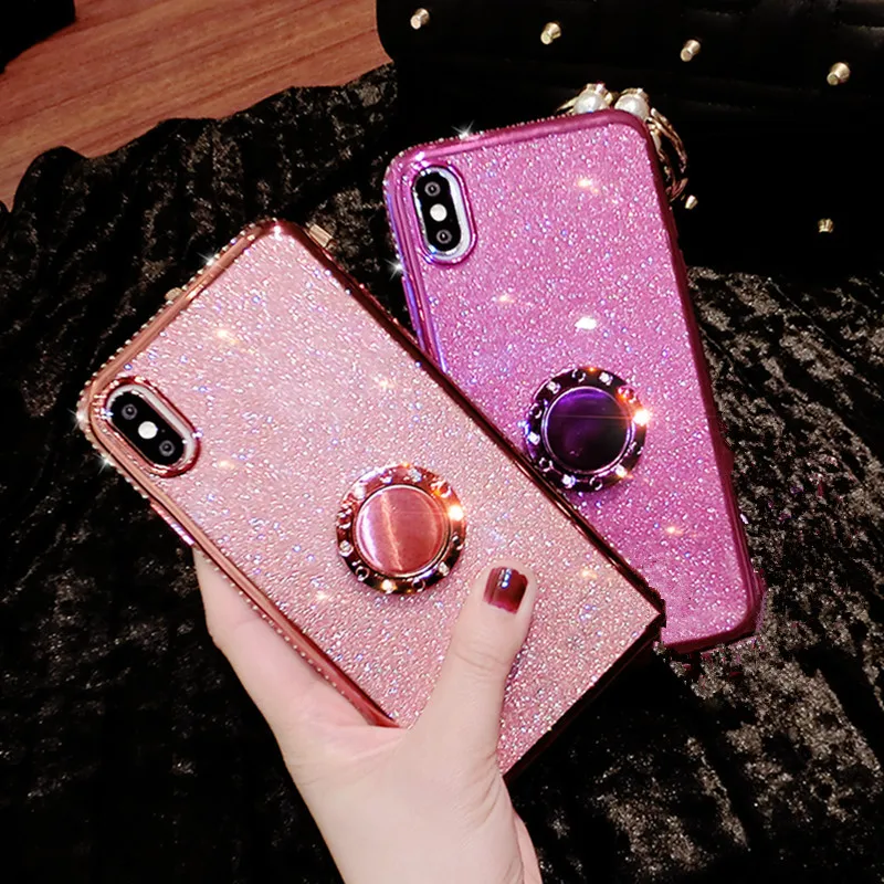 Роскошный Бриллиантовый блестящий чехол с кольцом на палец для Huawei y7 2019 задняя