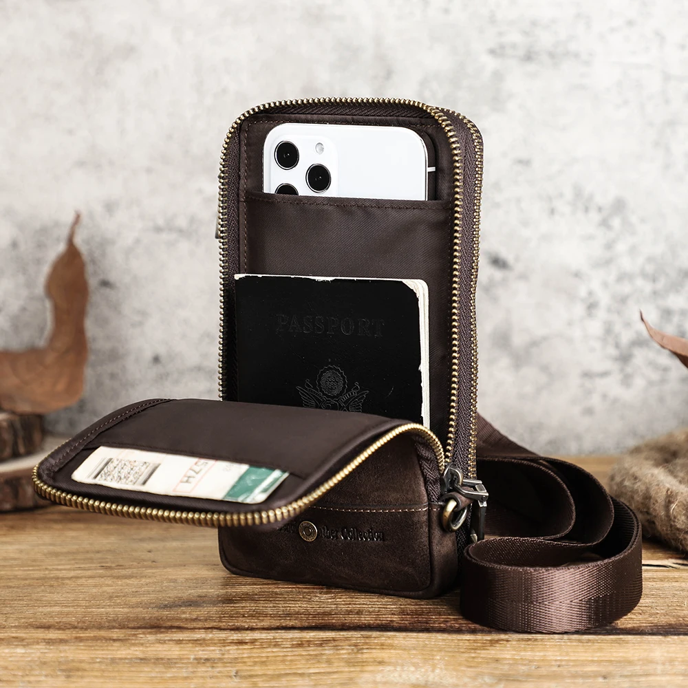 CONTACT'S FAMILY Genuine Leather Vintage Men Waist Bag Phone Bag Waist Belt Bum Bag Travel Pack Phone Case Mobile Phone Pouch