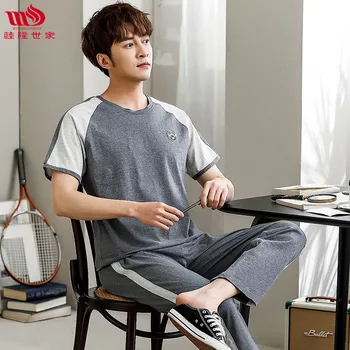 

Men Pajamas Summer Short-Sleeved Trousers Pure Cotton Thin Youth Men'S May Be Outer Wear Clothing Set