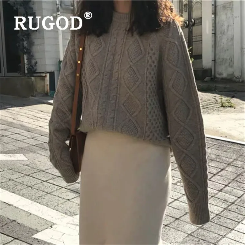 RUGOD, зимний, теплый, однотонный, крученый свитер, пуловеры для женщин, круглый вырез, утолщенный, вязаный свитер, корейский темперамент, модный, женский
