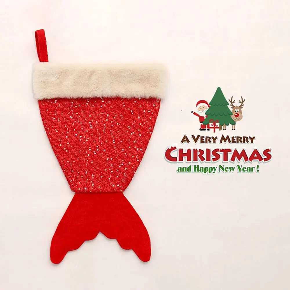 Festival Home Decoration Christmas Stocking Hanging Rope Fishtail Shape Unique Christmas Gift Bag Portable Christmas Candy Bag