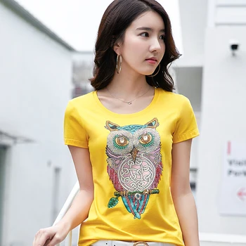 

Short-sleeved Beaded Women T Shirt O-neck Print 4 Colors Korean Clothes 2019 Summer New Pure Cotton Sequined Diamonds Yellow Top