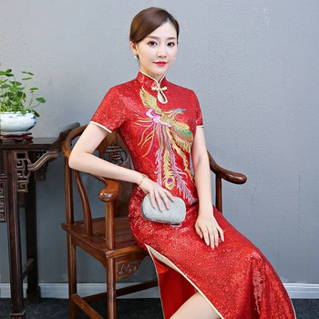 

Sexy Sequined Slim Cheongsam Vintage Chinese Style Womens Long Gown Qipao Party Evening Dress Retro Vestidos Plus Size 4XL 5XL
