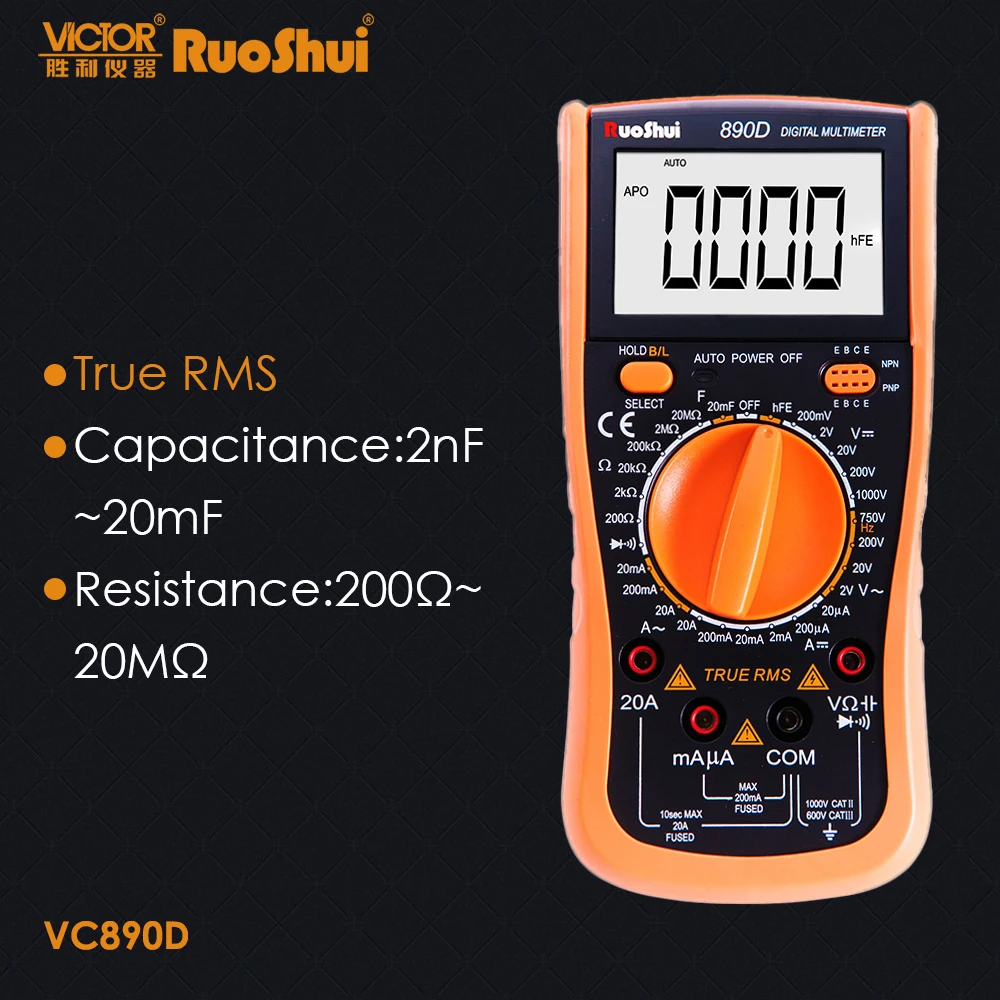 RuoShui VC890D цифровой мультиметр VICTOR True RMS DC Ручной диапазон сопротивления емкости Транзистор тестер multimetro Электрический