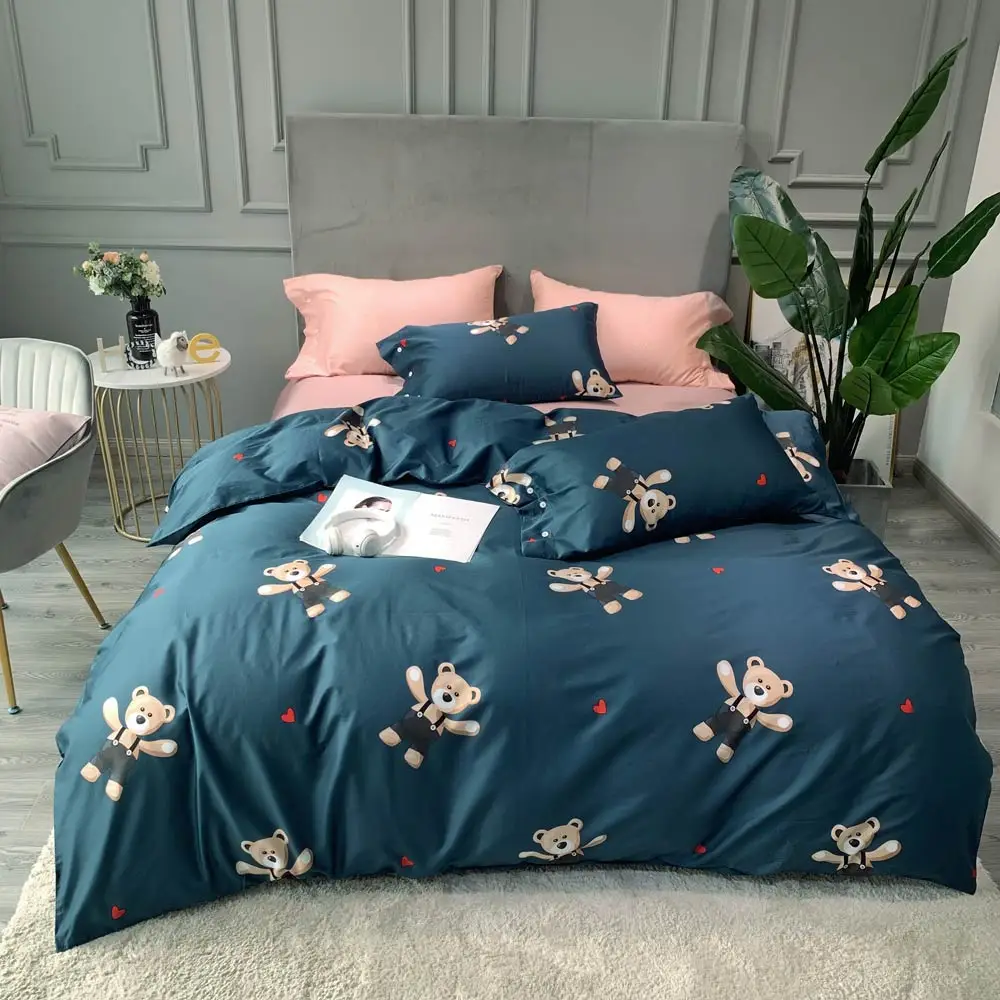 

Teddy Bear Toy Dark Blue Duvet Cover Set Flat Sheet High Count Egyptian Cotton Bedlinens 4pcs Queen King Size Bedding Set