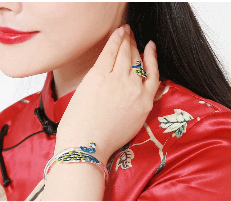 Перегородчатой эмали браслет s999 чистого серебра браслет для женщин Павлин Феникс чистое серебро ювелирные изделия для женщин Новая мода ожерелья