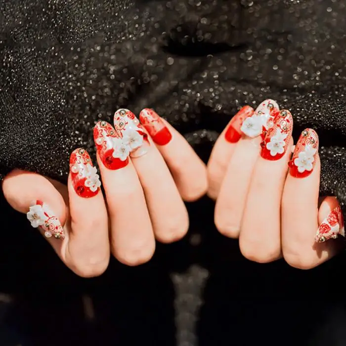 24pcs/set Pre Design Exquisite 3D Flowers Artificial Nail Tips with glue for Bride Wear Detachable Fake Nails with Back Sticker
