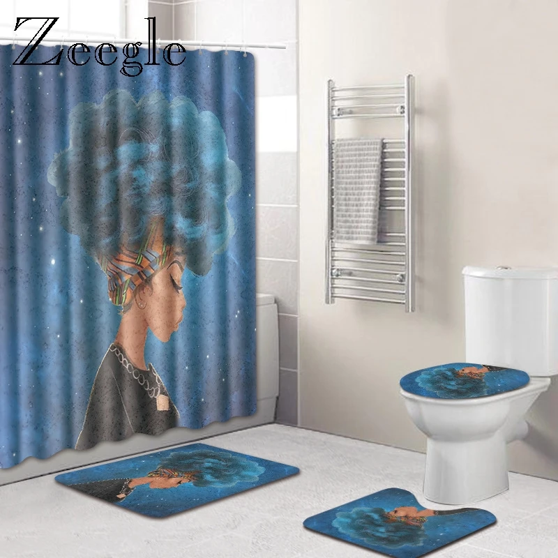 Zeegle Bathroom Carpets Anti Slip Toilet Pedestal Rug Flannel Soft Foot Mat Waterproof Bathroom Curtain Absorbent Toilet Rug Set