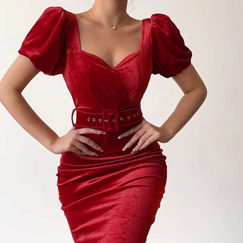 

Elegant Party Women Dress Sexy Slim V Neck Puff Sleeve Velvet Mid Calf Pencil Dress 2022 Casual Lady Solid Wrap Hips Red Dresses