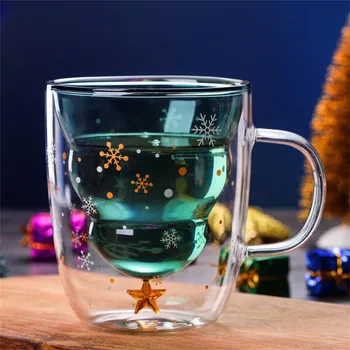 

35# 300ml Creative Double-Layer Glass Christmas Tree Star Water Cup Explosion-proof Insulation Mug Christmas Gifts Design Water