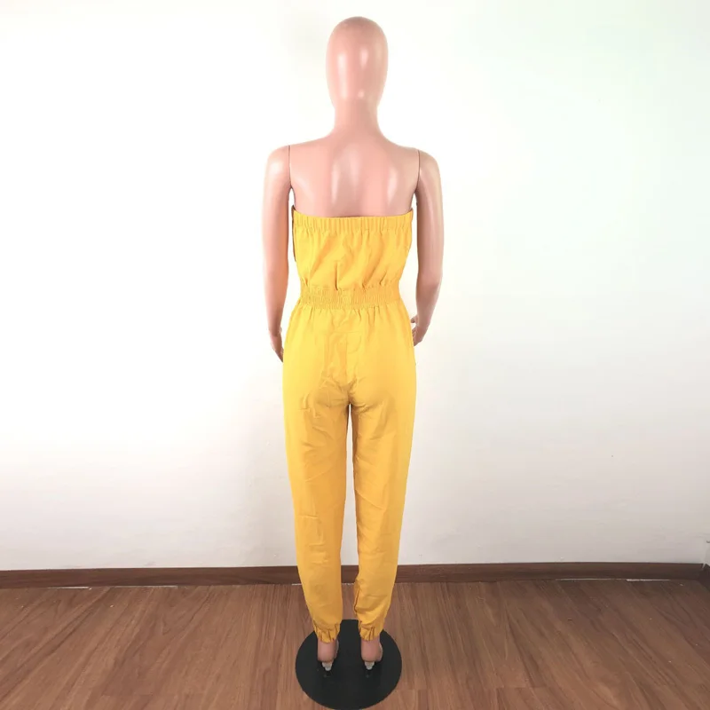 Women Summer Beach Strapless Pocket Jumpsuit High Waist Elastic Lantern Long Playsuit Safari Romper Outfit 3 Color