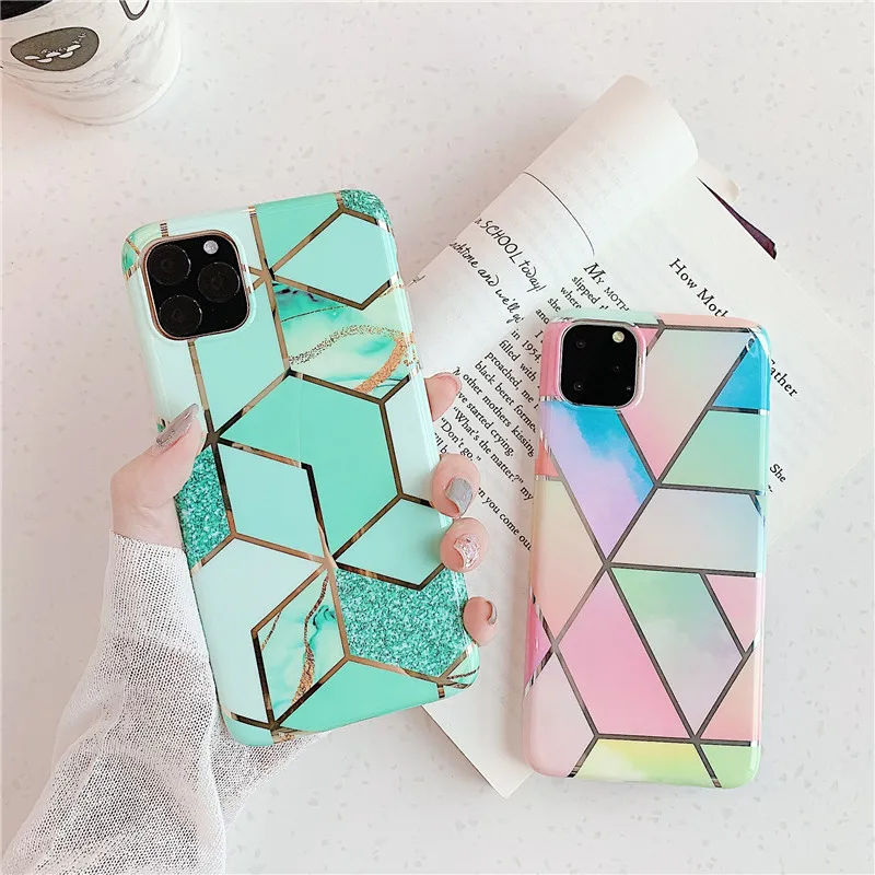 

Plating Mobile Phone Case For iPhone 11 Pro xsmax xr xs x 6s 7 8 plus Rhombic Marble Stripe Ultra-Thin Comprehensive Protection