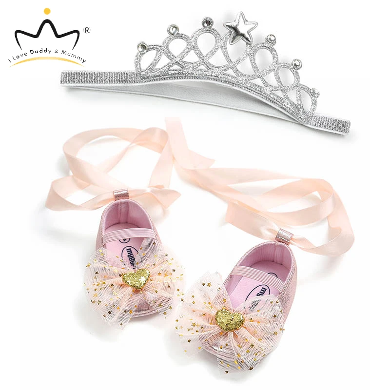 New Cute Unicorn Crown Flower Newborn Baby Shoes Headband Set Soft Soled Anti Slip Baby Girl Shoes Todder Shoes Girls Princess