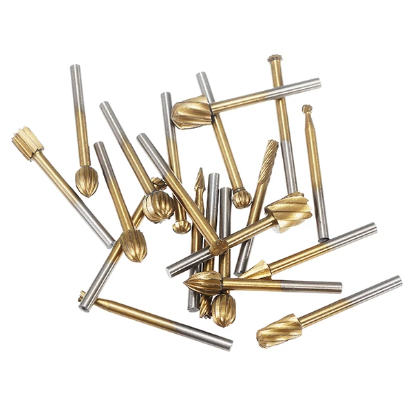 Drillpro 20Pcs Titanium Coated Rotary File Cutters HSS Mini Burr Wood Working Milling Carving Rasp Drill Bits