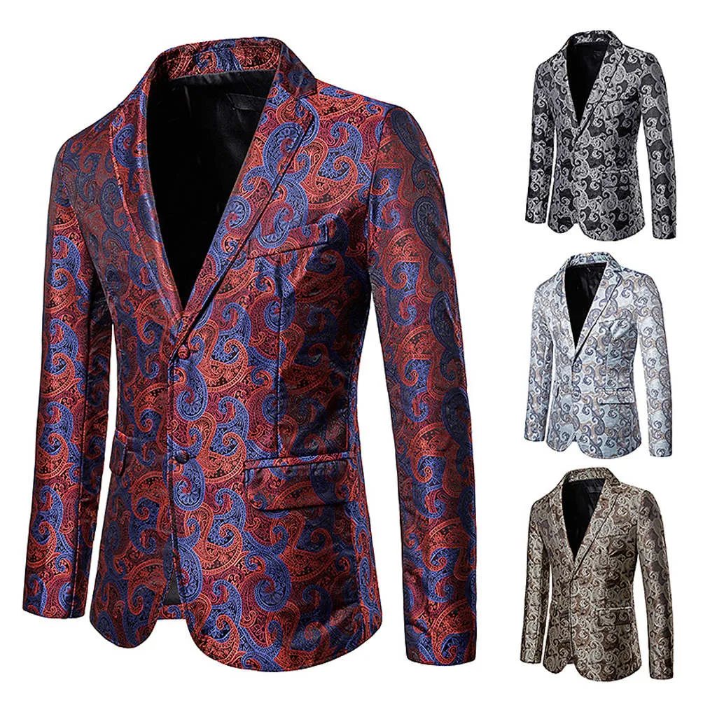 Fashion Men's Autumn Winter Casual Gold Print Button Jacket Long Sleeve Coat Top Men's Fashion Slim Suits Business Casual Blazer