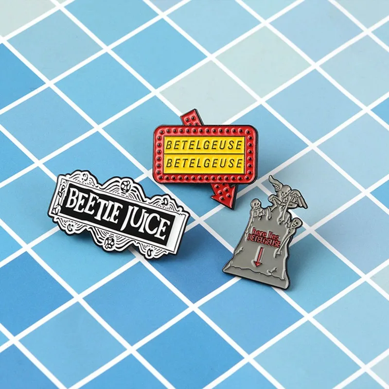 

Cartoon Badges Beetle Juice Brooches For Women Movie Subtitle Logo Brooch Tombstone Enamel Pin Jewelry Backpack Accessories Gift