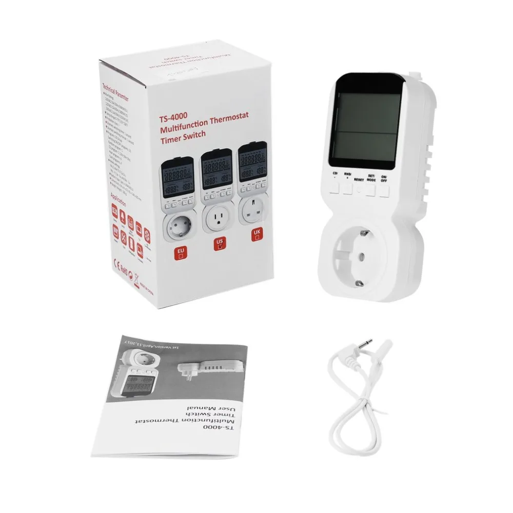 Multi-function LCD Display Thermostat Timer Switch Socket with Sensor Probe Digital Clock Adjustable 12/24 Hour Energy-saving