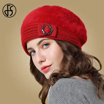 

FS Thicken Rabbit Hair Knitted Red Beret Hat Winter Hats For Women Fashion Berets Femme Black Pink Red Girls Warm Cap Female