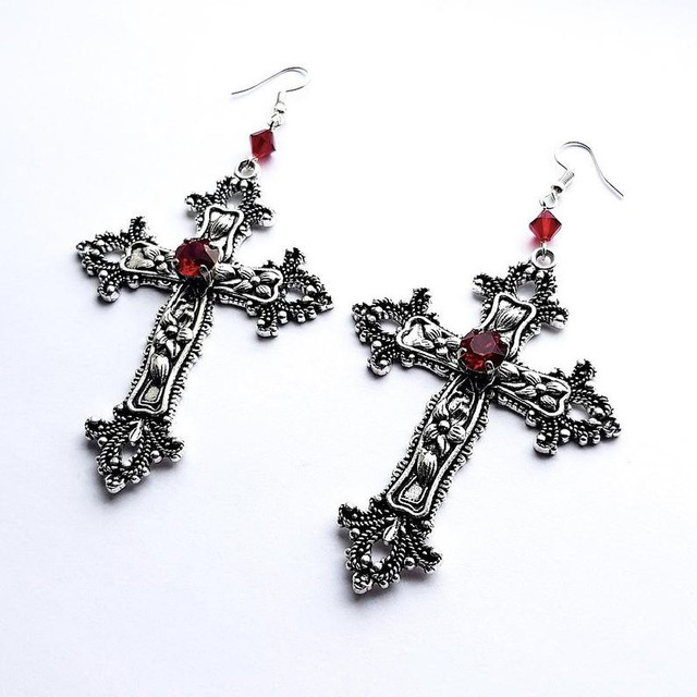 Detailed Cross Drill Jewel earrings Silver Color Tone Gothic Punk Jewellery Fashion Charm Statement Women Gift(Red