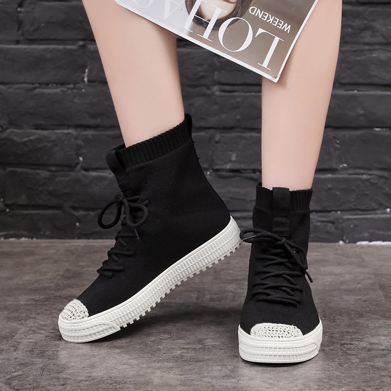 

New Women Socks Shoes Fashion Round Head Lace Up Flats Sneakers Shoes Woman Vulcanized Shoes Ladies Autumn Casual Sports Shoes