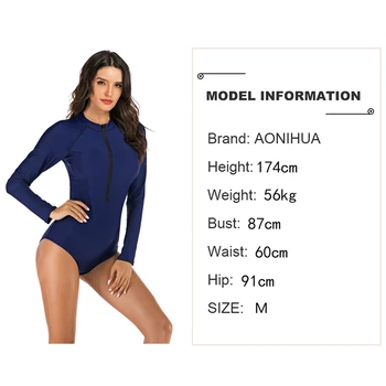 

New Long Sleeve Rash Guard One Piece Swimsuit Women Diving Surf Swimwear UPF50+ Front Zipper UV Dark Blue Fashion Sexy Swimsuit