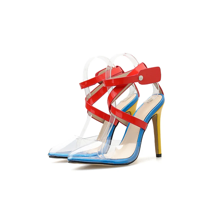 Kcenid New Transparent PVC pointed toe summer sandals women sexy high heels women's shoes multi color cross-strap rivets pumps - Цвет: mixed color
