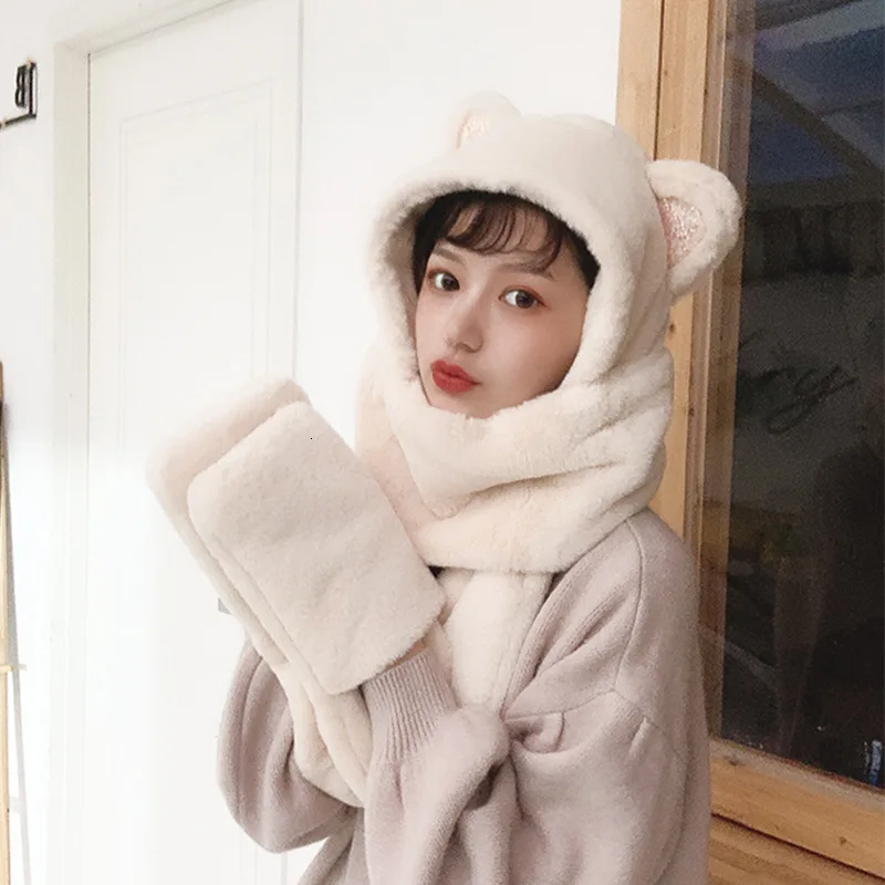White Женские зимние наушники, шапки Kawaii, кошачьи ушки, шапка с длинным шарфом, перчатки, плюшевые теплые мягкие милые шапки с героями мультфильмов для девочек - Цвет: White