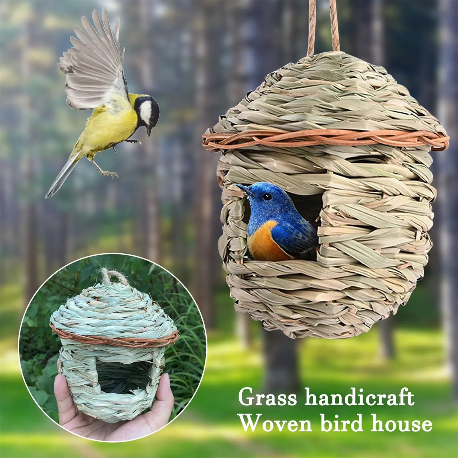 Outdoor Natural Straw Woven Hanging Bird House Nests Home Garden Yard Decoration 