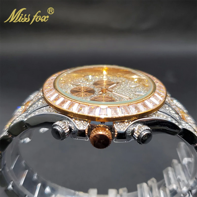 MISSFOX hommes montres de luxe grand boîtier avec Baguette plein diamant Quartz montre-bracelet chronographe calendrier montre_voghion.com