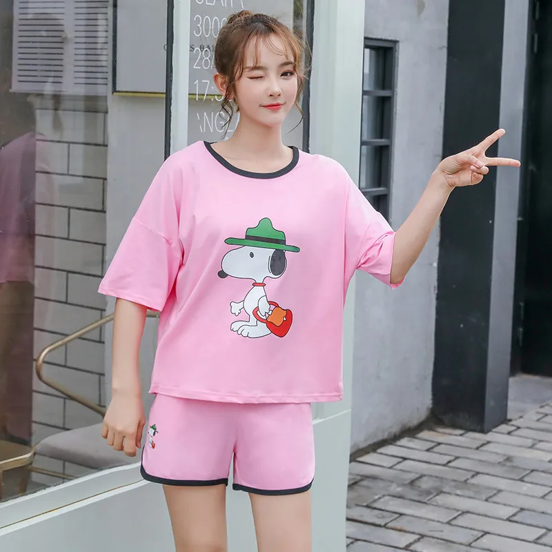 

Women's T-shirt 2019 Summer Women's Short Sleeve Harajuku Shirt Solid Color Snoopy Dog Print Pajamas Home Wear Two-Piece Set