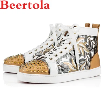 

New Leather Men's Casual Shoes Mixed Color Leaves Print Spikes Head High Top Flats Shoes Men Street Shooting Zapatos De Hombre