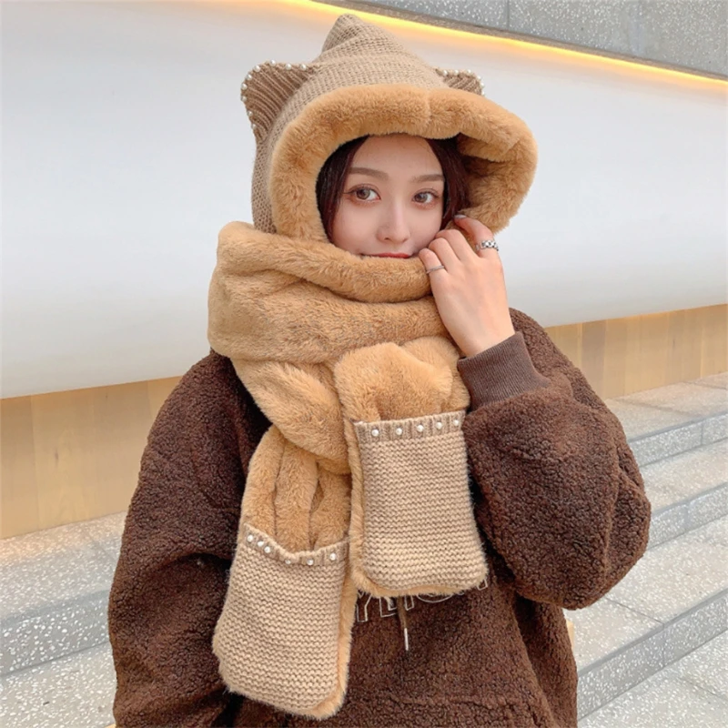 

Women Plush Warm Hooded Scarf Winter Kids Hooded 3 In 1 Winter Warm Scarves for Winter Hood Scarf Hat Glove Set Ladies