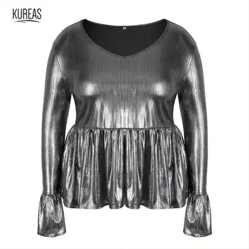 

Kureas Women Plus Size T Shirt Traped T-shirts Flare Sleeve Sliver Reflective Large Size Tops Winter Autumn Night Clubwear