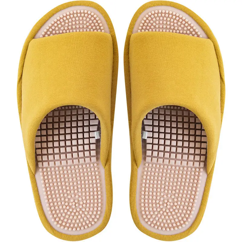 Домашние Нескользящие тапочки на толстой подошве с 3d-эффектом акупунктурного массажа для мужчин и женщин, хлопок и лен, визуально увеличивающие рост, дизайнерская обувь на платформе - Цвет: Цвет: желтый