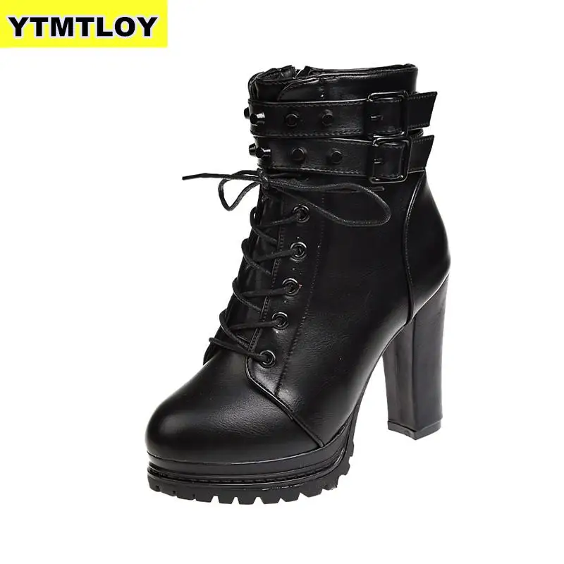 

Womens Ankle Boots Sexy Platform Pumps Winter Black Heeled Shoes Lady Fashion Buckle Strap Square Heel Plush High Heel Boots