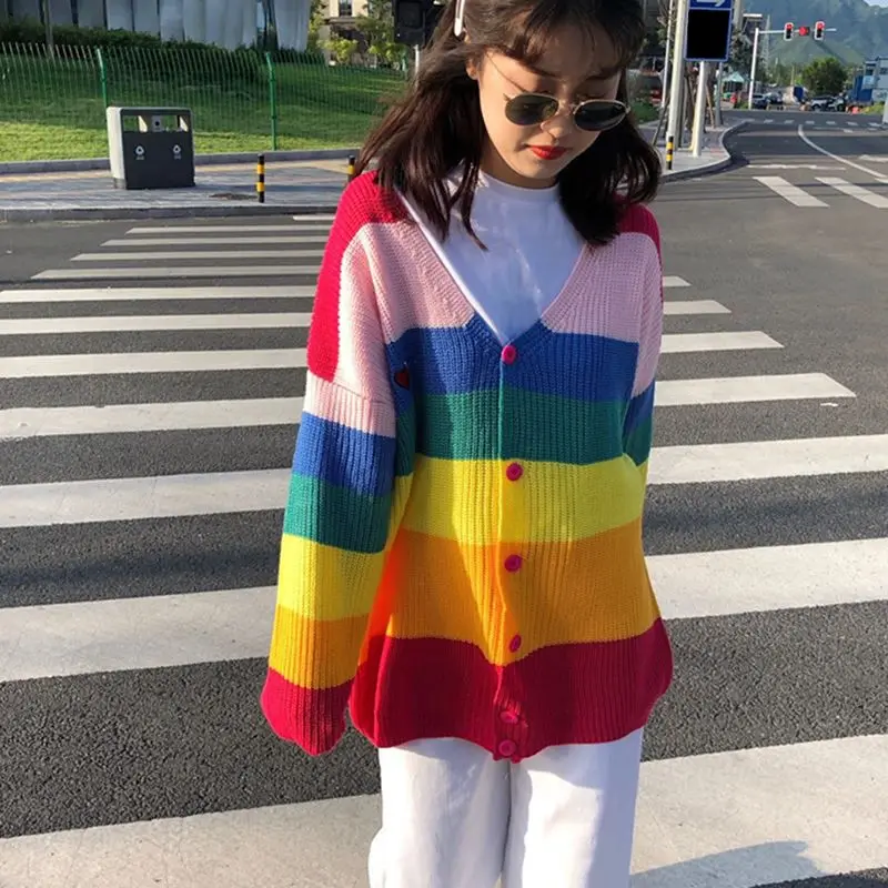 

New-coming Autumn Winter Colorful Rainbow Striped Sweater Long Sleeve Single Breasted Cardigan Sweater