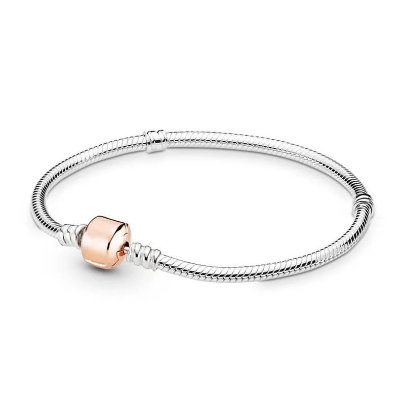 

925 Sterling Silver Bead Charm Snake Chain Fit Original Moments Pans Bracelet with Rose Clasp Women DIY Europe Jewelry Gift