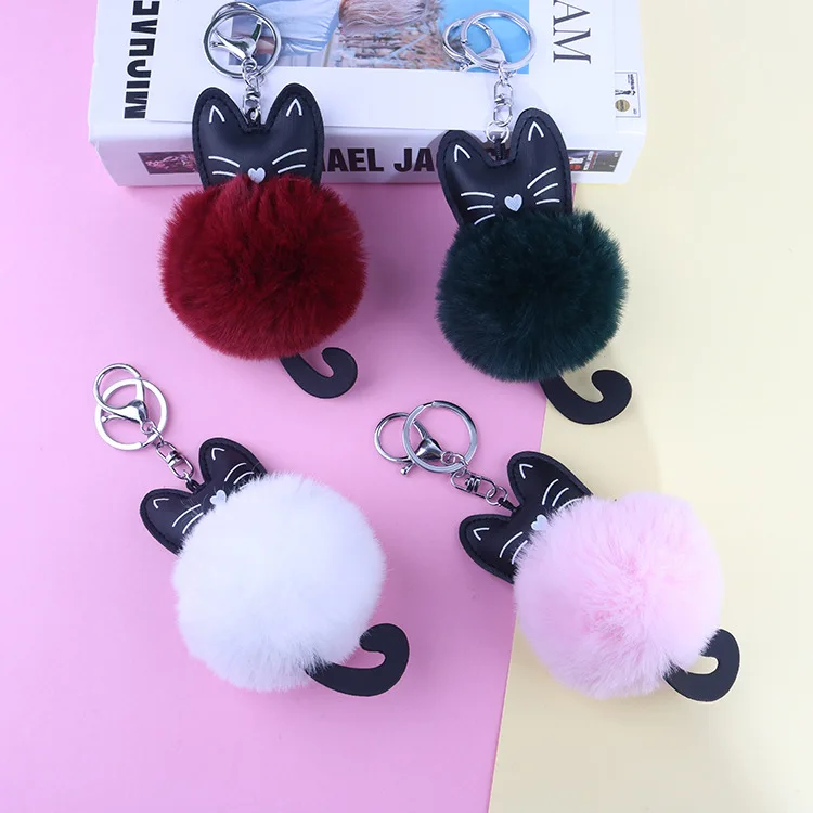 Plush Key Chain New Style Cartoon Black Cat Hairy Ball Key Ring Students Couples Gift Key Chain Handbag Pendant Women's