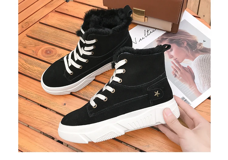 Aphixta Platform Shoes Winter Snow Boots Women Ankle Boots Flat Heel Star Lace-up Fur Bottes Flock Warm Plush Shoes Woman Boot